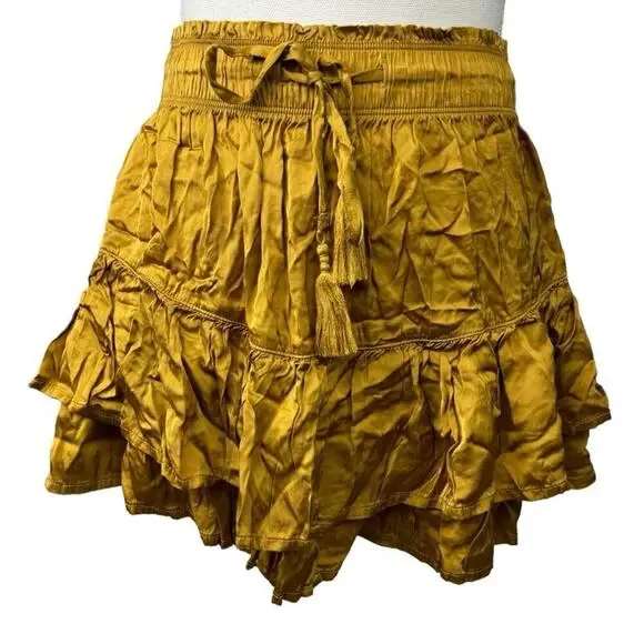 Aerie Size S Mini Skirt Sweet N’ Silky In Honey Ruffle Layers Satin Elastic NEW - Picture 3 of 11